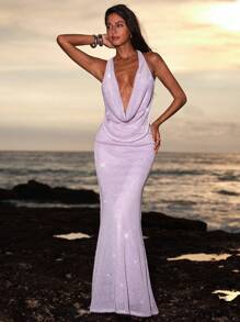 Opulessa Sommerliches langes Kleid für Frauen in lila Einfarbig mit Perlen, gestrickt, drapierter Ausschnitt, ärmelos, rückenfreies Design, Sommeroutfits für Frauen, Sommerkleider für Frauen