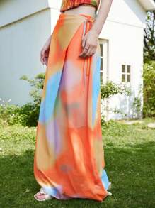 SHEIN LUNE 女士系带裹腰荷叶边半身裙，浪漫海滩度假风，春夏款 - 彩色 - 查看 1