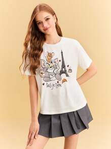 TOM & JERRY X SHEIN Women's Casual Cartoon & Tower Print Round Neck Short Sleeve T-Shirt, Summer