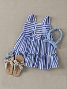 PrepCrw Baby Mädchen ärmelloses blau-weiß gestreiftes Kleid mit Kragen, süßes Sommer-Urlaubs-Mädchen-Schuluniform, Baby Mädchen Outfit für den ersten Schultag - Blau-Weiß - Übersicht 1