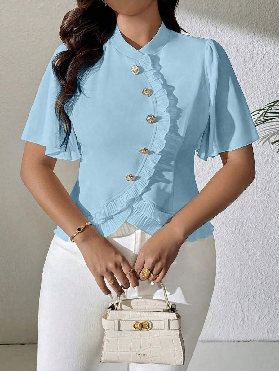 SHEIN Clasi Plus Size Petite Collar Pleated Ruffle Trim Short Sleeve Front Panel, Hem Splice Ruffle Trim Metallic Button Decor Elegant Blouse Women Summer Clothing Women S Clothes Woman S Summer Clothes Office Outfits For Women Women Blouses - Baby Blue - View 1