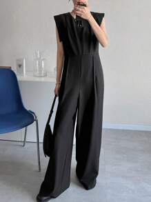 FRIFUL Women's Solid Color Pleated Wide Leg Jumpsuit, Casual Wear For Festivals, Concerts