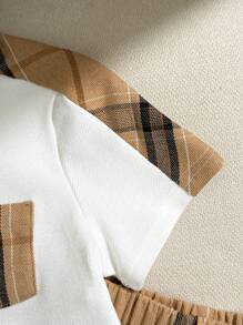 SHEIN 2 Stücke Baby Jungen/Mädchen Lässiges Preppy Karomuster Patchwork Poloshirt und khaki/schwarze karierte Shorts Set, geeignet für Geburtstags-Party, Taufe, 1. Geburtstagsfeier, Abendparty, Aufführung, Hochzeit und andere Anlässe