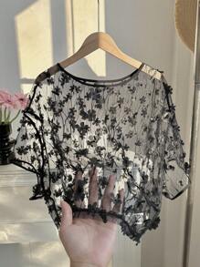 Comfortcana Short Sleeve Floral Embroidered Sheer Cropped Top, For Summer Outing, Date, Vacation - Black - View 5