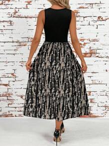 SHEIN Clasi Vestido casual de mujer con estampado de patchwork sin mangas, moda de verano - Negro - Ver 2