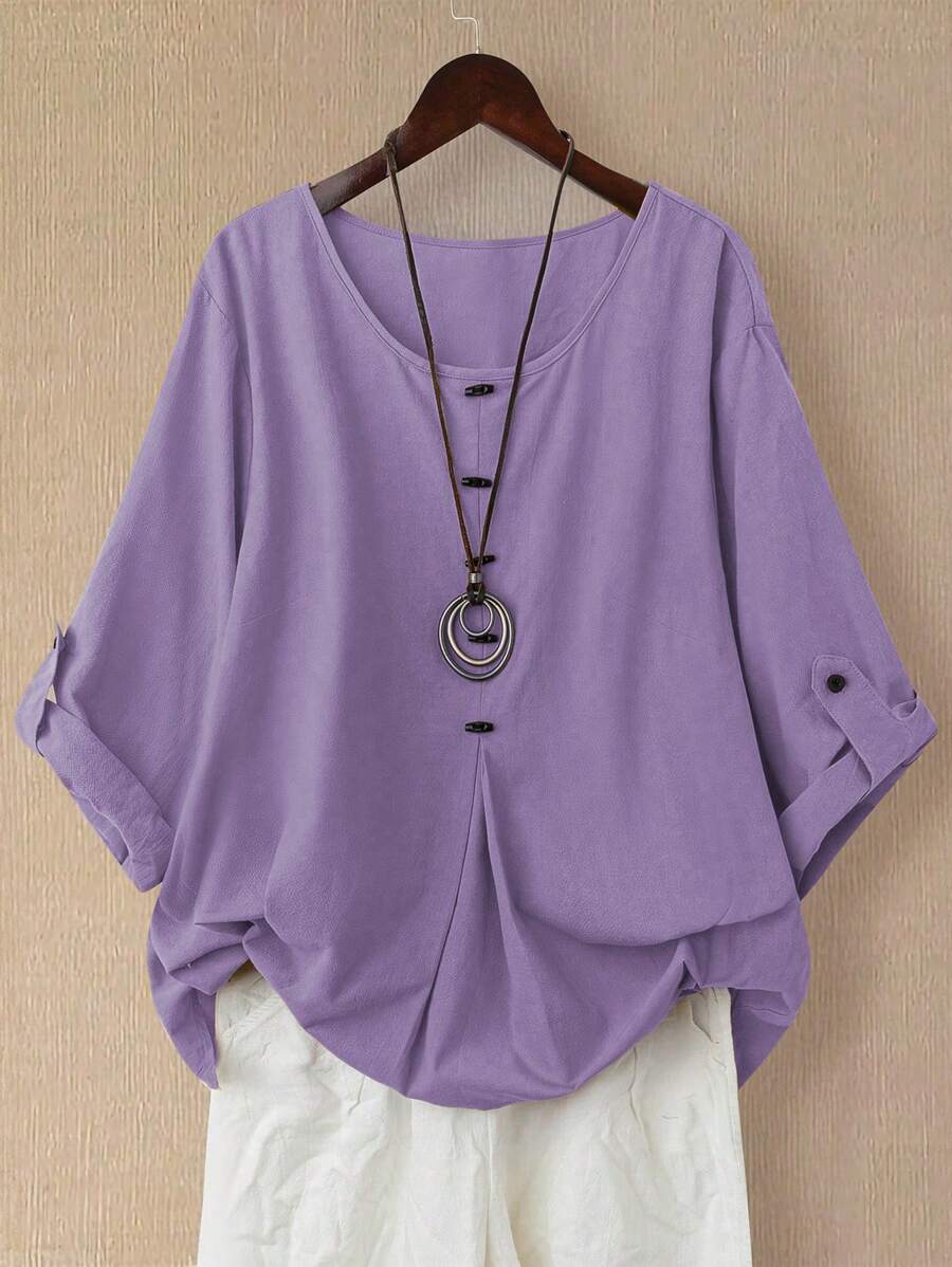 EMERY ROSE Women's Asymmetrical Hem Long Sleeve Cotton Linen Shirt, Spring/Summer - Purple - View 1