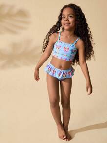 SHEIN Young Girl Spaghetti Strap Top Swimsuit With Triangle Bottom, Fashionable For Summer - Blue - View 5