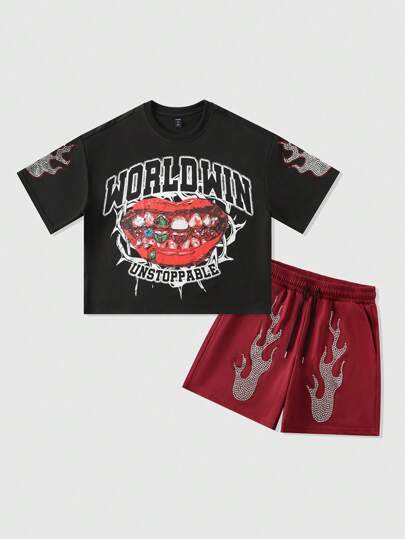 Street Life Herren Sommer Lässig Set aus Kurzarm T-Shirt mit Lippen-Buchstaben-Muster und Shorts mit Strass Verzierung
