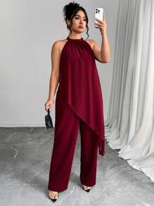Elenzga 大码女式优雅无袖连体裤，腰部修身不对称设计，适合夏季 - 酒紅色 - 查看 6
