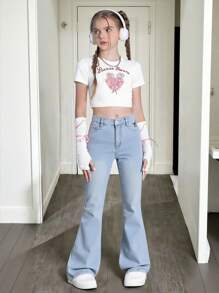 Girls Casual Urban Light Washed Chic Jeans All Year Round Essentials, Bow Embroidered Elastic Flare Leg Design With Zipper Hem - Light Wash - View 4