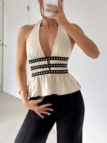 Siren Gaze Nuevo top de verano para mujer con diseño de escote halter y remaches - Albaricoque - Ver 5