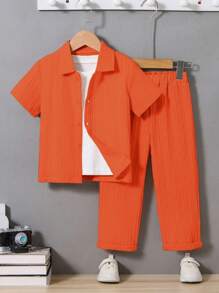SHEIN 2pcs Boys' Solid Color Short Sleeve Single-Breasted Shirt And Pants Set, Getaway, Holiday, Travel, Relax, Sunbathing, Summer - Orange - View 1