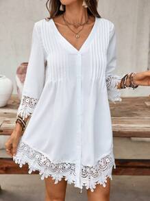 INAWLY Vestido de manga comprida com decote em V e patchwork de renda, cor sólida, moda para o verão - Branco - Ver 3