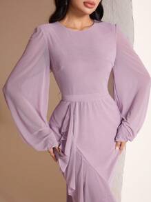 Veilorie 女士纯色圆领灯笼袖鱼尾下摆优雅连衣裙 - 紫色 - 查看 7