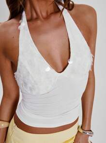 MUSERA 露背深V领超大亮片胸前系带修身吊带背心，春夏优雅度假夜店场合可爱性感浪漫节日锐舞派对外出上衣夜店穿搭 - 白色 - 查看 1