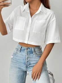 SHEIN PETITE Women's Vacation Casual Solid Color Pocket Front Button Short Sleeve Shirt - White - View 1