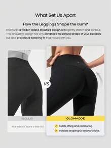 GLOWMODE 24'' FeatherFit™-Sculpt No Front Seam Tummy Control Butt-Lifting Active Leggings With Side Pockets Medium Impact Running Jogging Training Gym Workout - Black - View 2