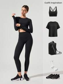 GLOWMODE 24'' FeatherFit™-Sculpt No Front Seam Tummy Control Butt-Lifting Active Leggings With Side Pockets Medium Impact Running Jogging Training Gym Workout - Black - View 9