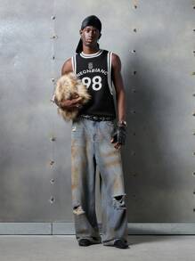 NEON BLANC Men's Street Fashion Knit Tank Top With Letters & Numbers, Sleeveless Crewneck Knitted Sweater Vest, Streetwear Inspired - Black - View 1