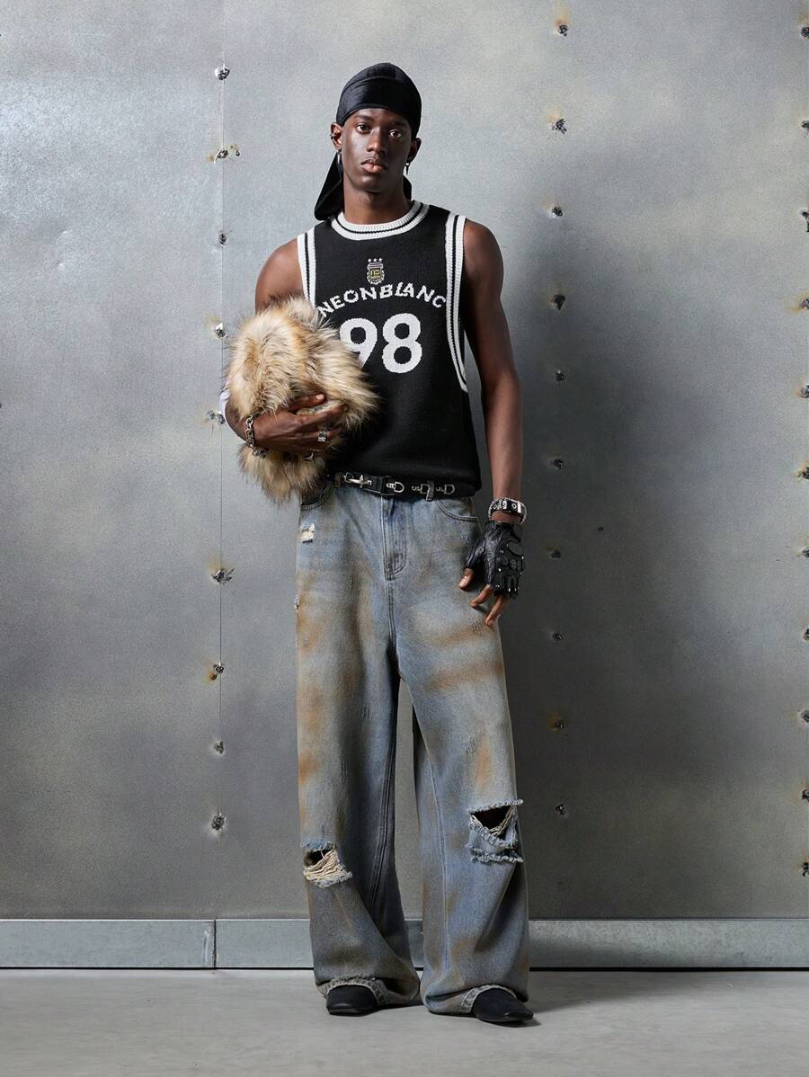 NEON BLANC Men's Street Fashion Knit Tank Top With Letters & Numbers, Sleeveless Crewneck Knitted Sweater Vest, Streetwear Inspired - Black - View 1