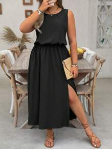SHEIN LUNE Plus Size LUNE Crew Neck Sleeveless Solid Color Casual Commuting Dress, Waist Cinched, Side Slit, Suitable For Women - Black - View 3