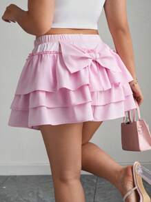 Celure Váy nơ nhiều lớp màu hồng dệt kim thanh lịch cỡ lớn cho nữ - Hồng - Xem 2