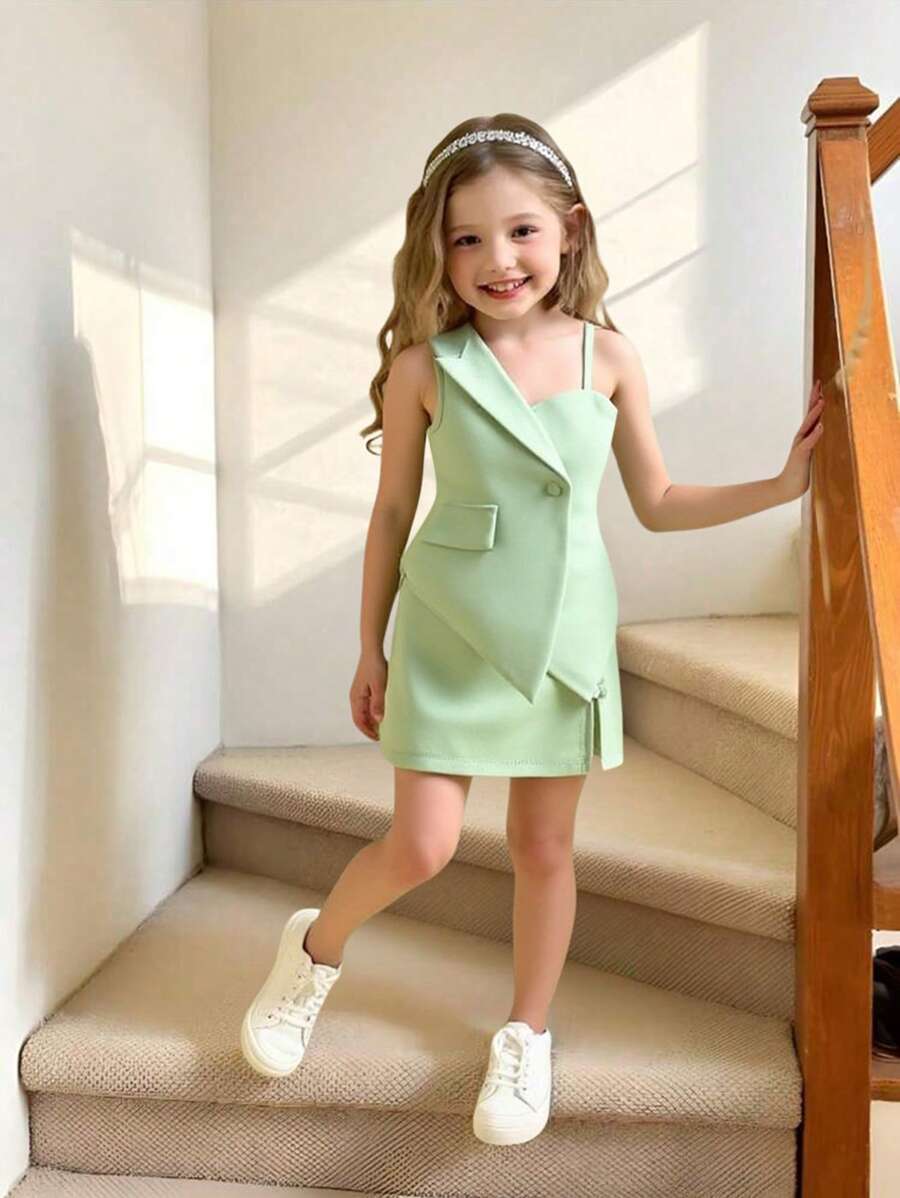 SHEIN Elladie kids 年轻女孩时尚不对称设计套装两件套，优雅女士风格绿色高端连衣裙套装 - 綠色 - 查看 1