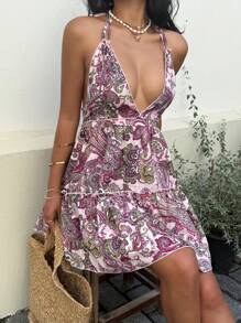 SHEIN Unity Women's Casual Bohemian Print Open Back Halter Tie Bow Wrap Dress, Fashion Resort Everyday Wear, Spring/Summer - Red Violet - View 5