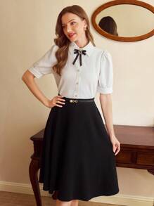 Vintamour 女式复古优雅衬衫配胸针纽扣，夏季白色假期优雅上衣，工作教堂春季乡村音乐会节日上衣