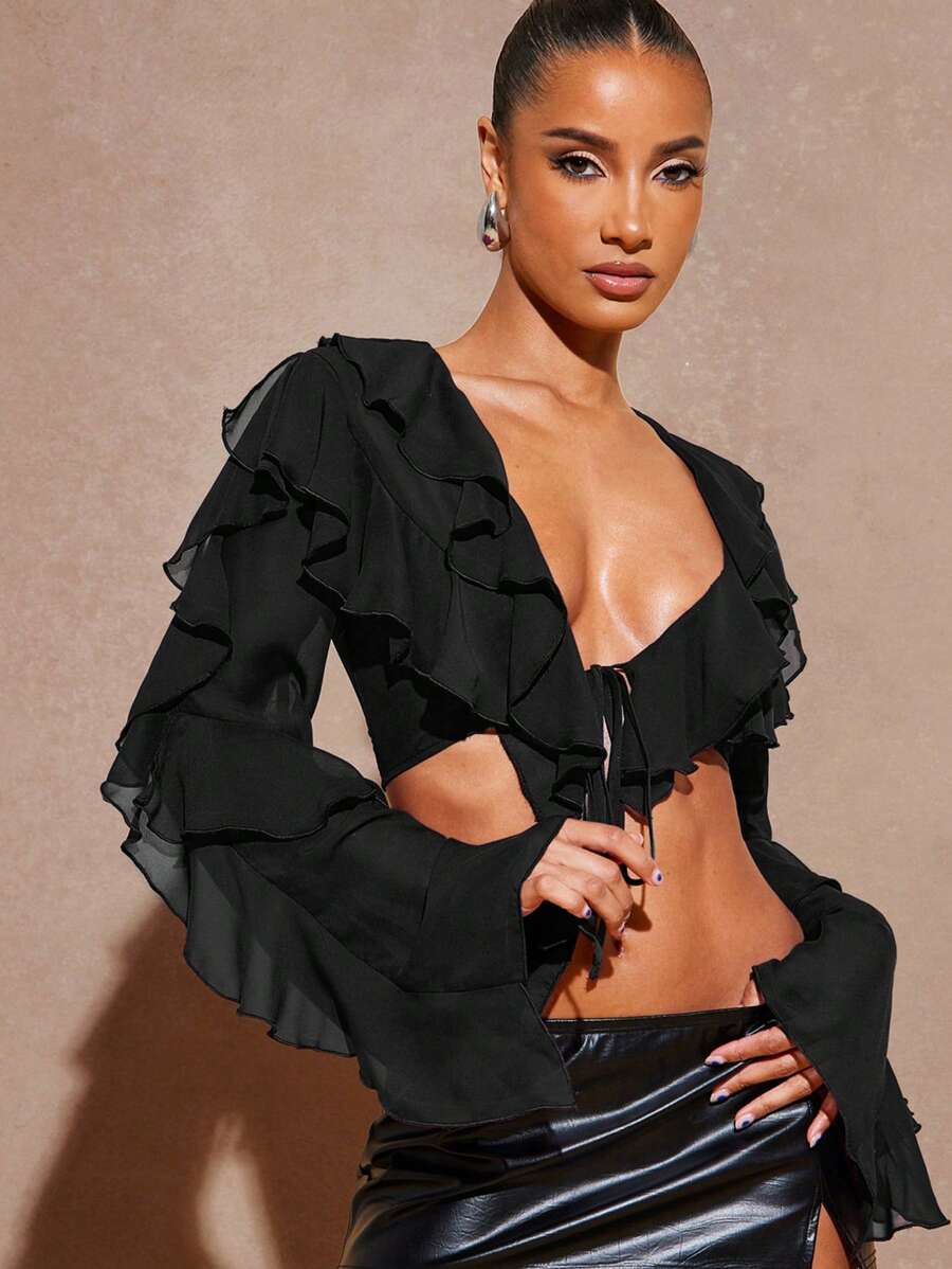 Hauture 纯色时尚性感荷叶边系带衬衫 - 黑色 - 查看 1