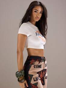 MUSERA Fitted Cropped Faded Graphic T-Shirt Festival, Concert, Rave, Club, Summer, Sexy Backstage Graphic Tees Airport Rave Back To School ,Elegant - White - View 2