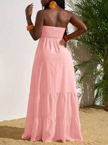 Slaydiva Vacation Casual Solid Color Strapless Dress - Pink - View 2