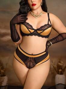 PinupGlam 2pcs Curvy Vintage Romantic Sexy Lingerie Set: Underwired 1/4 Cup Criss-Cross Floral Lace Satin Sheer High-Waist Panty, Plus Size, Black & Bronze, Club Party