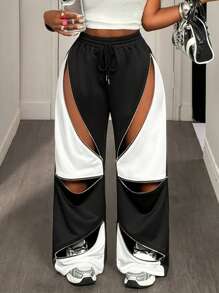 BamGleam 撞色拉链休闲性感宽松抽绳腰运动裤 - 黑與白 - 查看 6