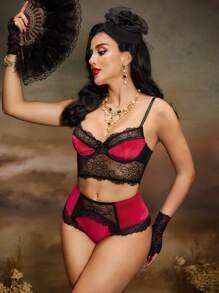 2pcs Vintage Romantic Velvet Floral Lace Sheer Contrast Push-Up 3/4 Cup Underwired Thong Lingerie Set, Wine Red/Black, For Vacation, Party, Music Festival - Burgundy - View 4