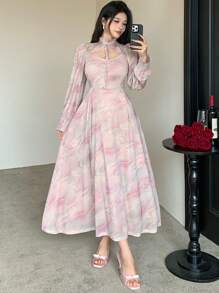 DAZY Váy dài tay bồng họa tiết hoa dành cho nữ, Đầm thu tay dài - Hồng - Xem 9
