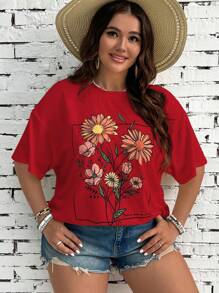 SHEIN VCAY Plus Size Casual Floral Print Round Neck Short Sleeve Loose T-Shirt