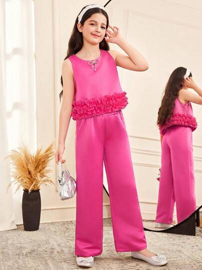 SHEIN 少女春夏优雅蝴蝶结水钻装饰无袖褶皱荷叶边背心和阔腿缎面裤两件套