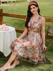 Vestido de mujer elegante vintage, vestido de verano/primavera con ajuste, estampado floral y cuello en V sin mangas, vestido con dobladillo de paraguas floral rosa - Albaricoque 2 - Ver 2