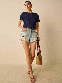 Poéselle Camiseta de manga corta para uso casual diario con bordado de hilo y estampado de corazón, camiseta de verano de algodón para mujer con diseño bordado para té y eventos de verano