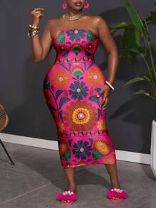 Slaydiva Plus Size Women Casual Floral Print Full-Width Print Bandeau Dress, Summer,Sun Dresses For Women Suitable For Going Out Chic Dress - Multicolor - View 6