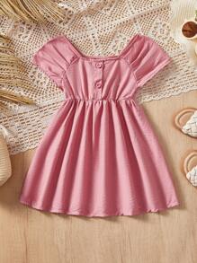 Baby Girls/Toddlers Red Woven Front-Paneled Button Short Sleeve Dress, Spring/Summer Mommy & Me Set - Red - View 2