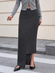 EURMUSE Elegant Fashionable Solid Color Grey Ribbed Knit Skirt – High Waist Maxi Sweater Skirt With Asymmetrical Hem Detail Minimal Chic Casual - Dark Grey - View 4