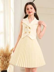 SHEIN Conjunto de 2 piezas para niñas preadolescentes con chaleco corto abotonado informal elegante de moda de calle y falda plisada - Beis - Ver 1