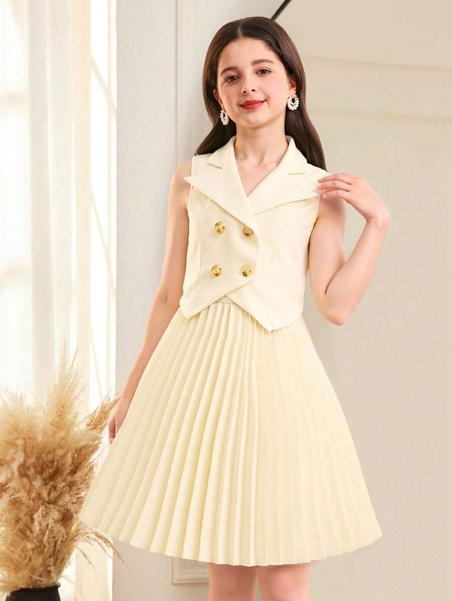SHEIN Conjunto de 2 piezas para niñas preadolescentes con chaleco corto abotonado informal elegante de moda de calle y falda plisada - Beis - Ver 1