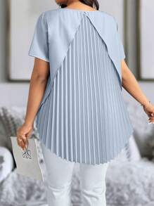 Calvaya Plus Size Summer Minimalist Solid Patchwork Pleated Short Sleeve Shirt - Dusty Blue - View 5