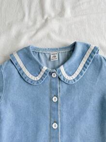 SHEIN Vintaside Kids Conjunto de top de denim de manga corta y parte inferior triangular casual de verano para niña, adecuado para uso casual en el hogar, actividades al aire libre y vacaciones