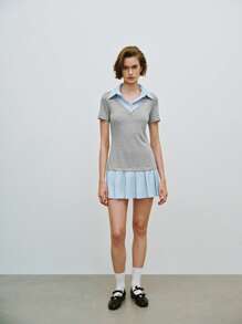 Lumivelle Woven Shirt Overlay Pleated Mini Dress For Women - Light Grey - View 1