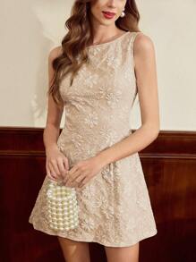 Vintamour 复古优雅度假迷你连衣裙春夏提花紧身无袖太阳裙绿色 - 卡其色 - 查看 7