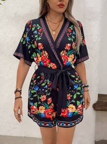 EMERY ROSE Plus Size V-Neck Short Sleeve Cropped Retro Print Jumpsuit - Black - View 6